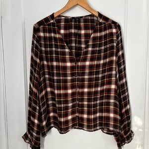 Madewell | Brown Plaid Button-Up w/ Ruffle Cuffs | Large